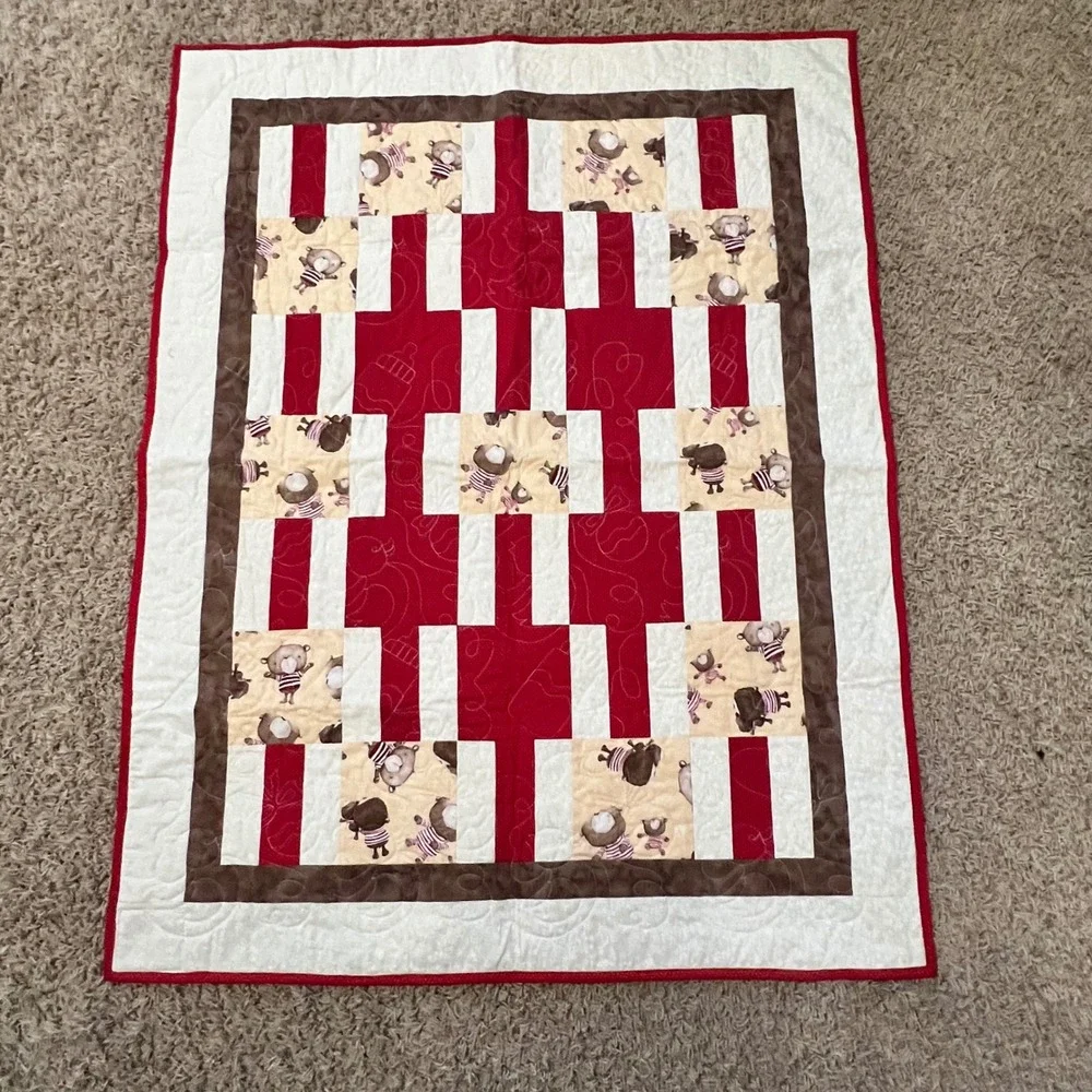 Handmade Quilt Baby Toddler Cute Bears Red White‎ Brown Patchwork Bandana